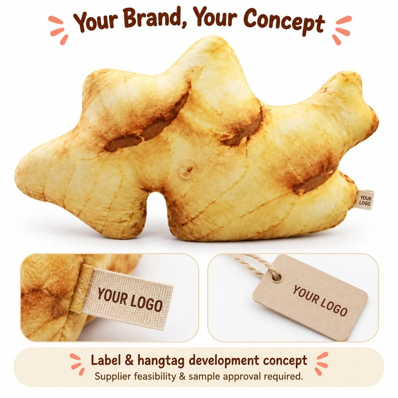 Customization concept for realistic ginger root plush pillow; feasibility and sample approval required.