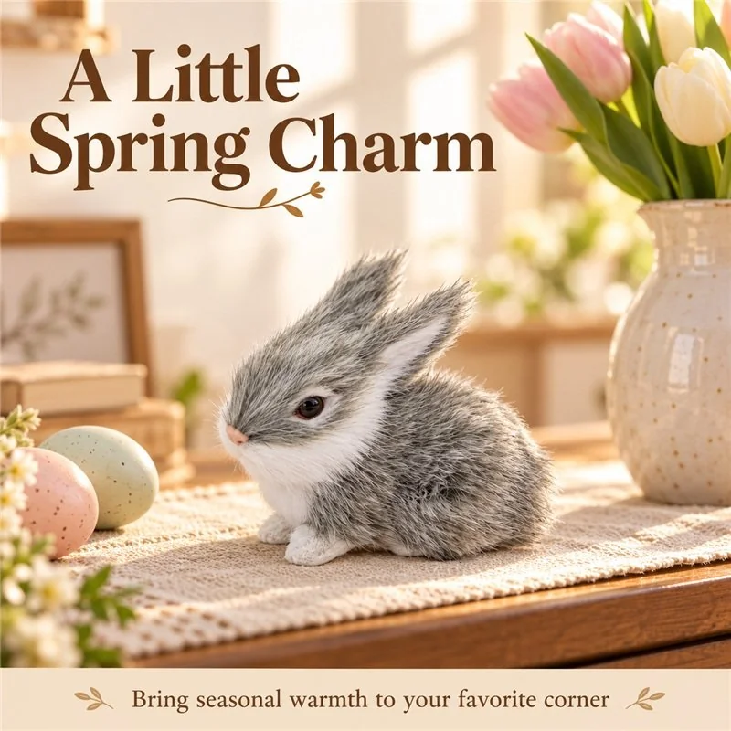 Illustrative application scene featuring realistic gray easter rabbit decoration; setting is a concept.