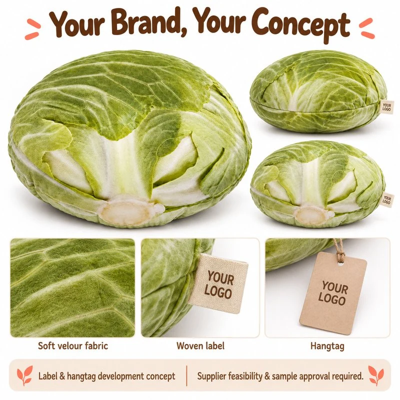 Customization concept for realistic green cabbage plush pillow; feasibility and sample approval required.