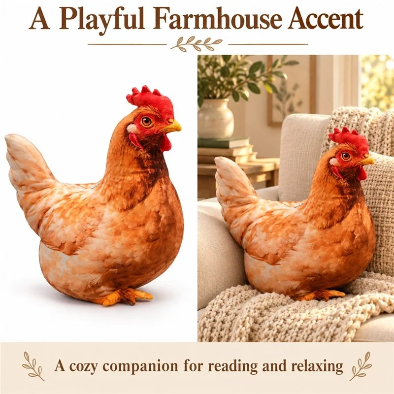 Illustrative application scene featuring realistic hen plush pillow; setting is a concept.