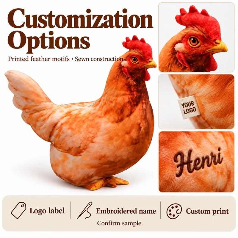 Customization concept for realistic hen plush pillow; feasibility and sample approval required.