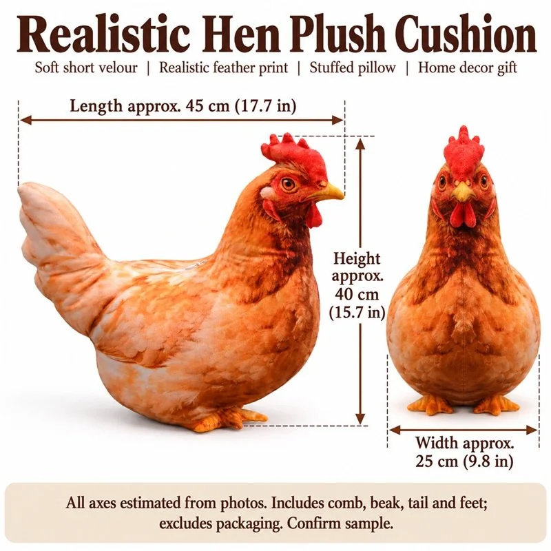 Realistic Hen Plush Pillow — proposed size reference; dimensions require sample confirmation.