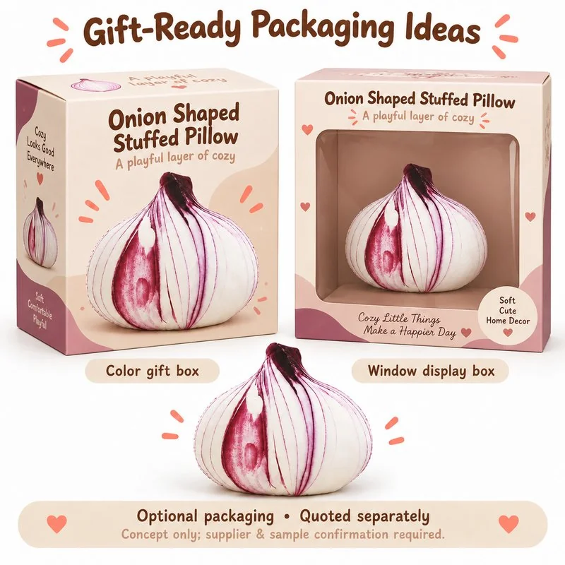 Realistic Onion Plush Pillow — optional packaging concept; final artwork, fit and quotation require confirmation.