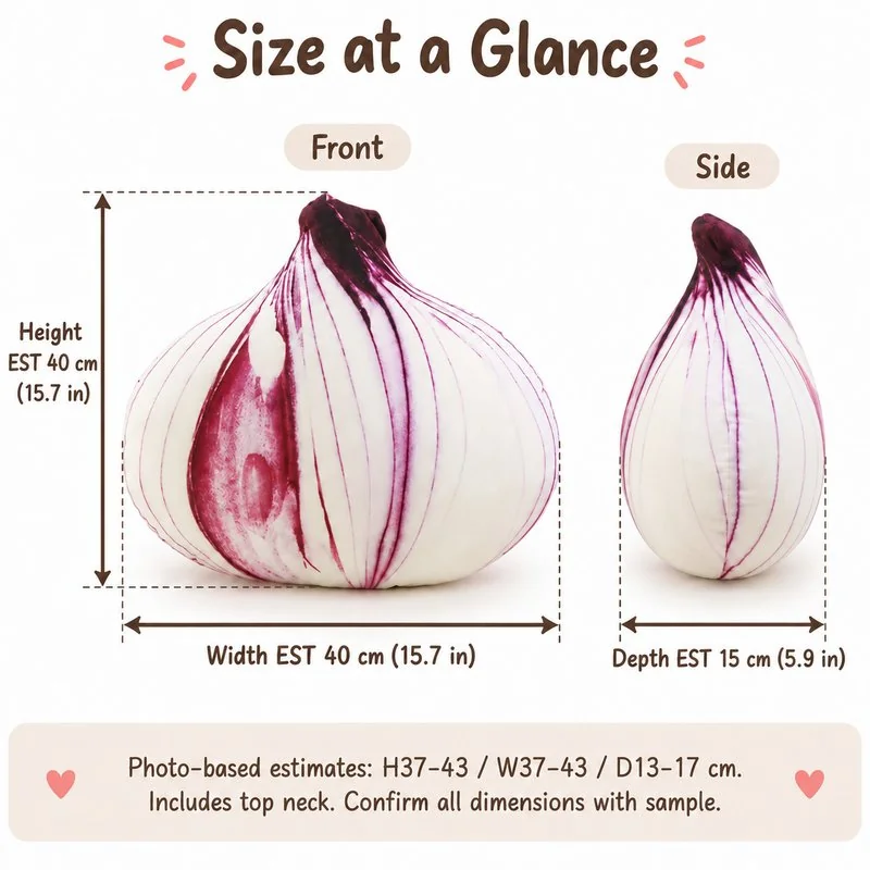 Realistic Onion Plush Pillow — proposed size reference; dimensions require sample confirmation.