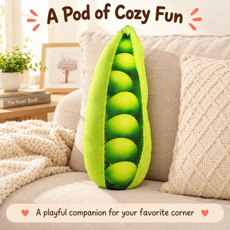 Illustrative application scene featuring realistic pea pod plush pillow; setting is a concept.