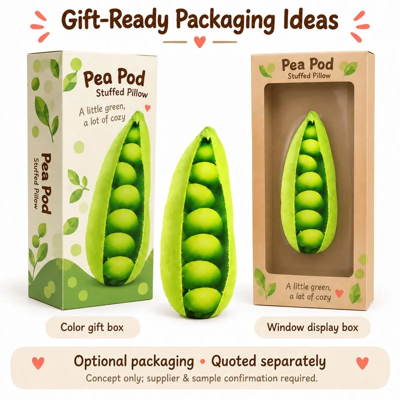 Realistic Pea Pod Plush Pillow — optional packaging concept; final artwork, fit and quotation require confirmation.