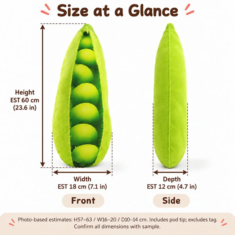 Realistic Pea Pod Plush Pillow — proposed size reference; dimensions require sample confirmation.