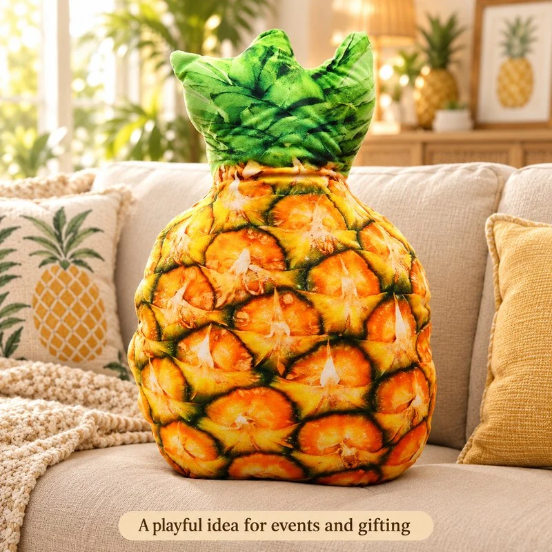 Illustrative application scene featuring realistic pineapple plush pillow; setting is a concept.