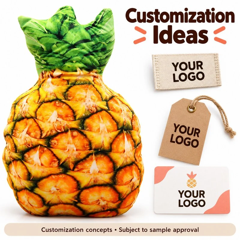 Customization concept for realistic pineapple plush pillow; feasibility and sample approval required.