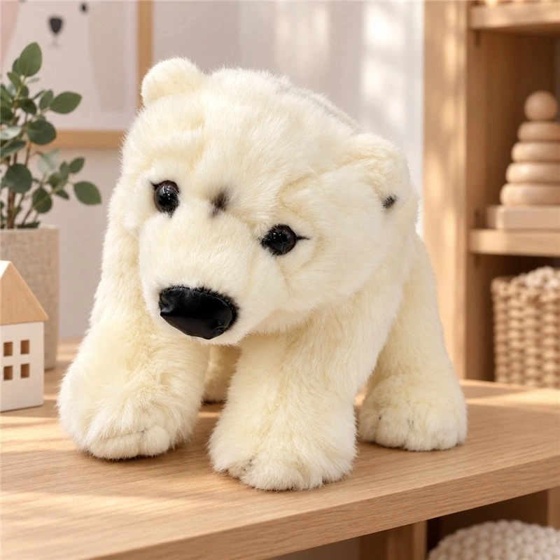 Illustrative application scene featuring realistic polar bear cub stuffed animal; setting is a concept.