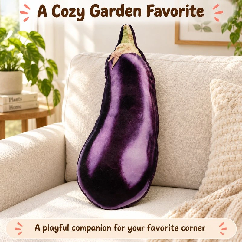 Illustrative application scene featuring realistic purple eggplant plush pillow; setting is a concept.