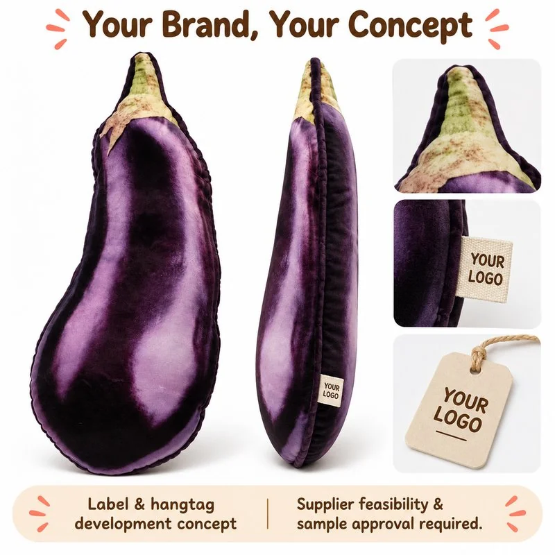 Customization concept for realistic purple eggplant plush pillow; feasibility and sample approval required.