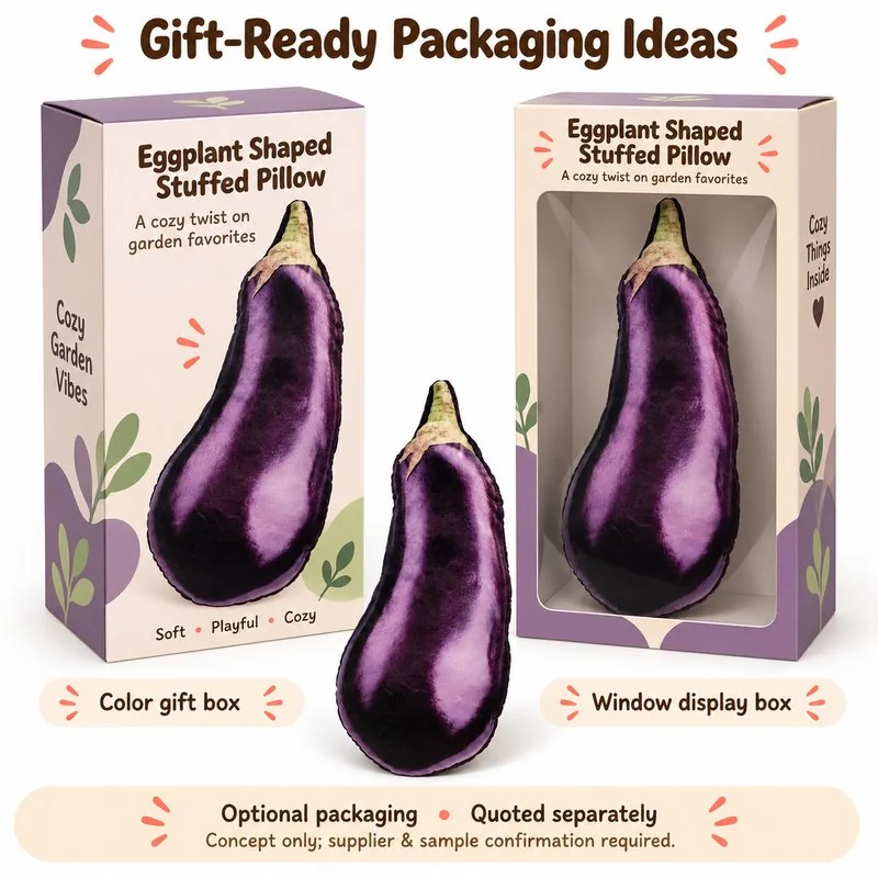 Realistic Purple Eggplant Plush Pillow — optional packaging concept; final artwork, fit and quotation require confirmation.