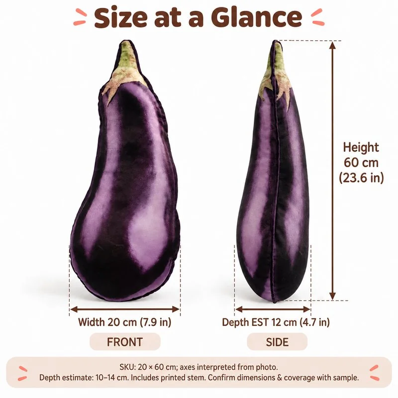 Realistic Purple Eggplant Plush Pillow — proposed size reference; dimensions require sample confirmation.