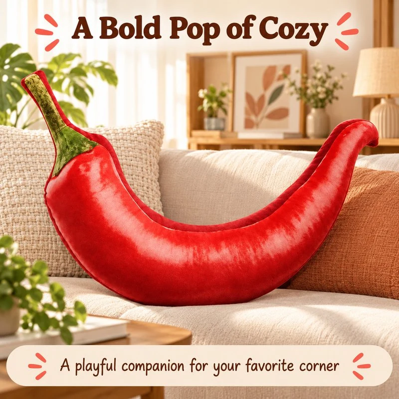 Illustrative application scene featuring realistic red chili plush pillow; setting is a concept.
