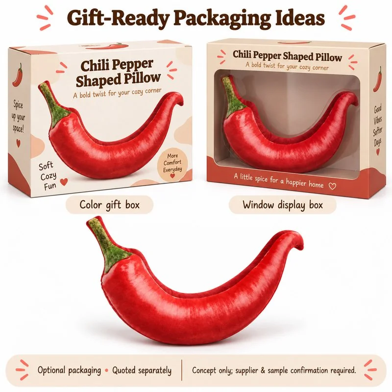 Realistic Red Chili Plush Pillow — optional packaging concept; final artwork, fit and quotation require confirmation.
