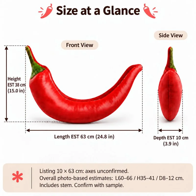 Realistic Red Chili Plush Pillow — proposed size reference; dimensions require sample confirmation.