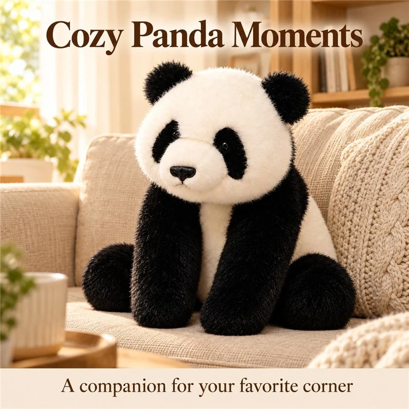 Illustrative application scene featuring realistic sitting panda soft toy; setting is a concept.