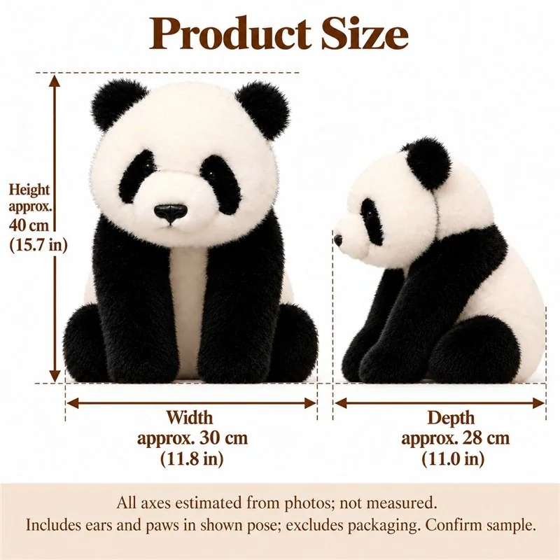 Realistic Sitting Panda Soft Toy — proposed size reference; dimensions require sample confirmation.