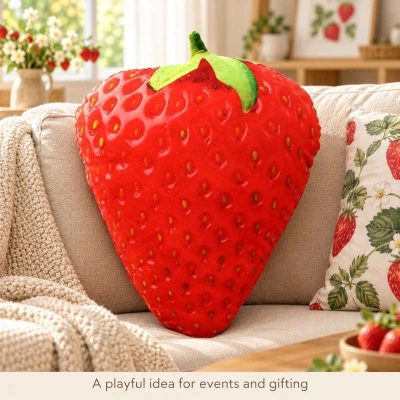 Illustrative application scene featuring realistic strawberry plush pillow; setting is a concept.