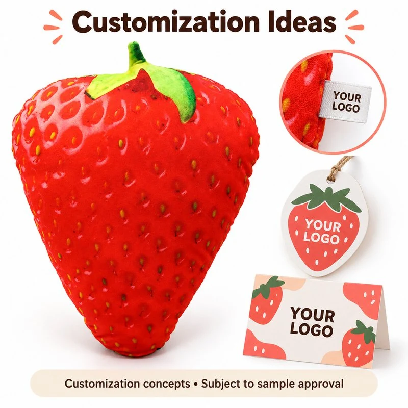 Customization concept for realistic strawberry plush pillow; feasibility and sample approval required.