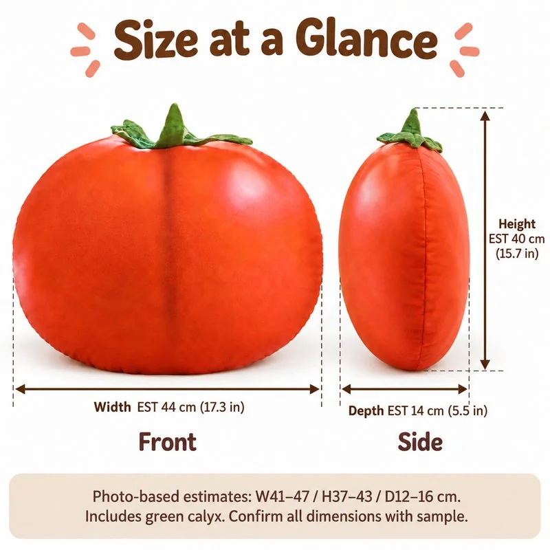 Realistic Tomato Plush Pillow — proposed size reference; dimensions require sample confirmation.