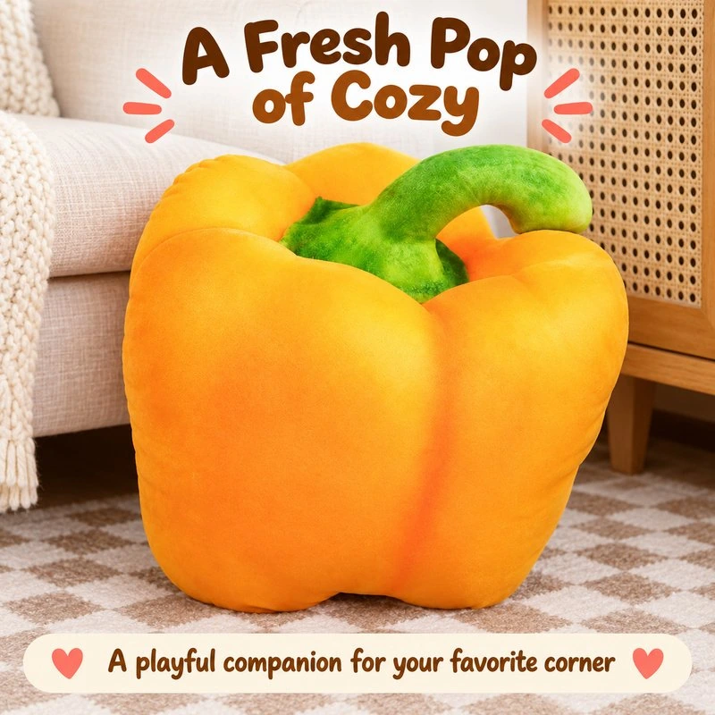 Illustrative application scene featuring realistic yellow bell pepper plush pillow; setting is a concept.