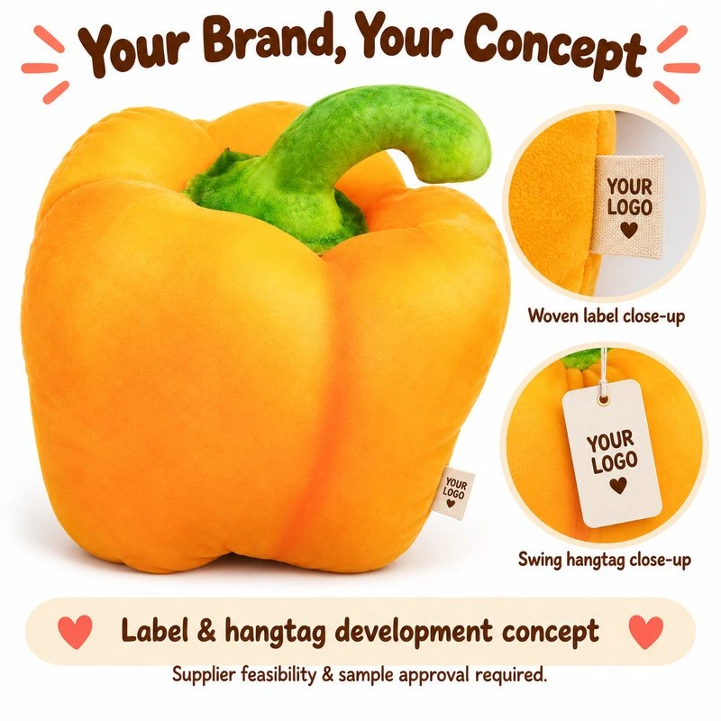 Customization concept for realistic yellow bell pepper plush pillow; feasibility and sample approval required.