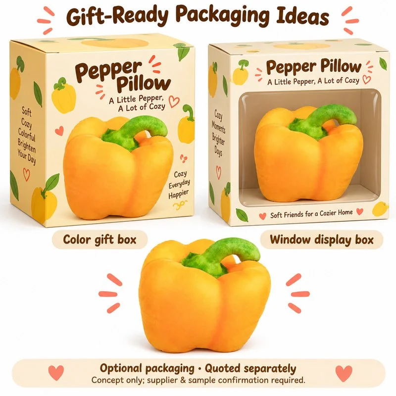 Realistic Yellow Bell Pepper Plush Pillow — optional packaging concept; final artwork, fit and quotation require confirmation.