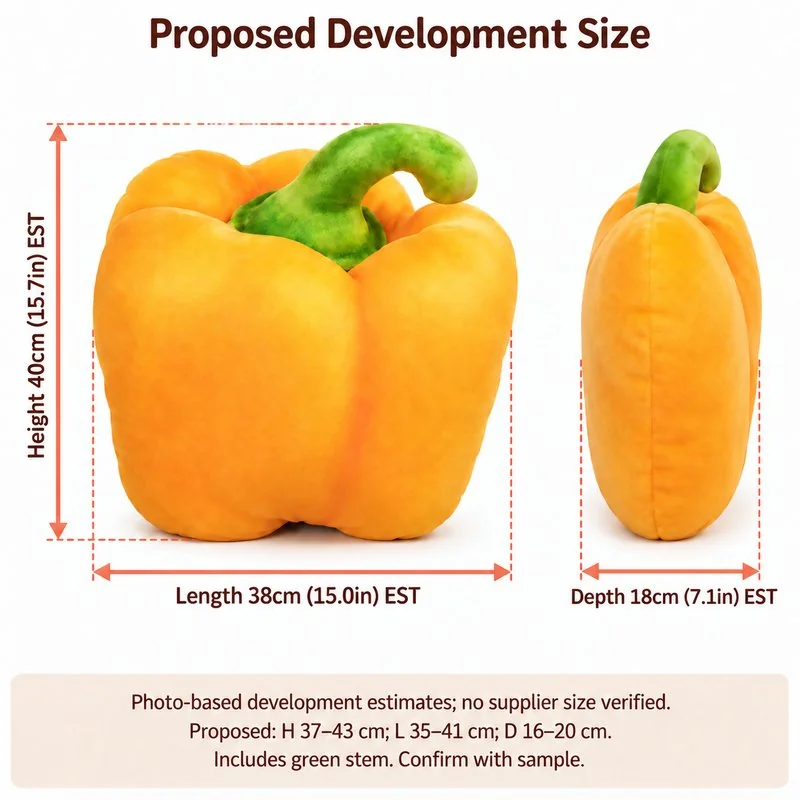 Realistic Yellow Bell Pepper Plush Pillow — proposed size reference; dimensions require sample confirmation.