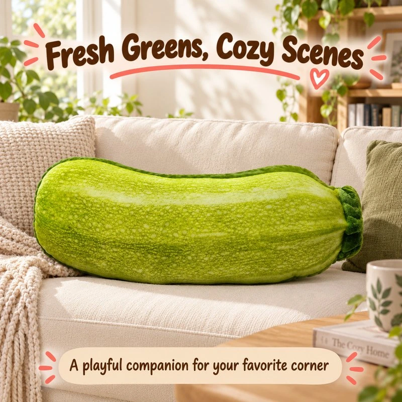 Illustrative application scene featuring realistic zucchini plush pillow; setting is a concept.