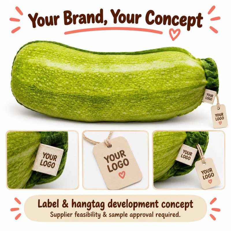 Customization concept for realistic zucchini plush pillow; feasibility and sample approval required.