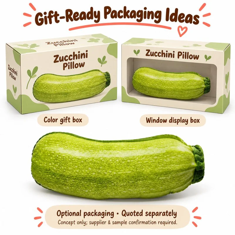 Realistic Zucchini Plush Pillow — optional packaging concept; final artwork, fit and quotation require confirmation.