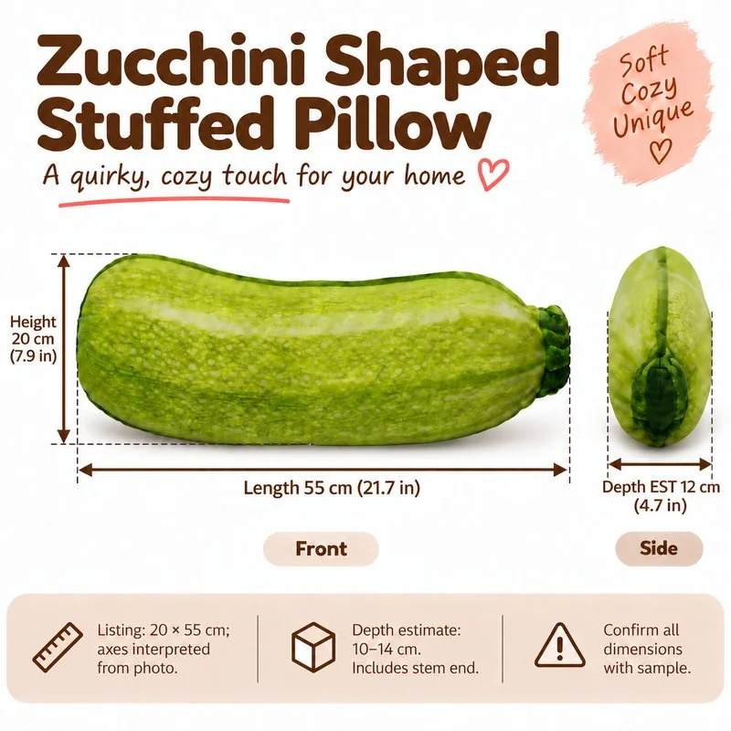 Realistic Zucchini Plush Pillow — proposed size reference; dimensions require sample confirmation.