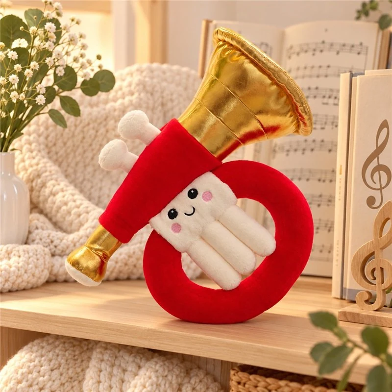 Illustrative application scene featuring red and gold trumpet plush; setting is a concept.