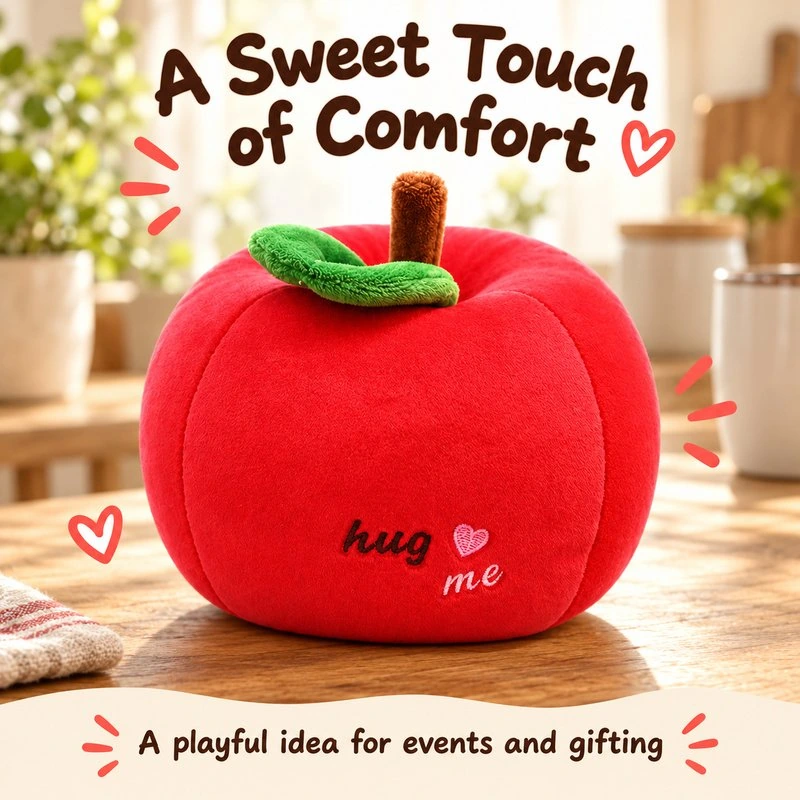Illustrative application scene featuring red apple hug me plush; setting is a concept.