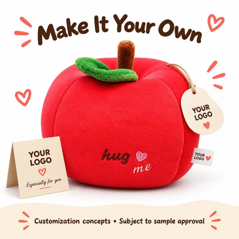 Customization concept for red apple hug me plush; feasibility and sample approval required.