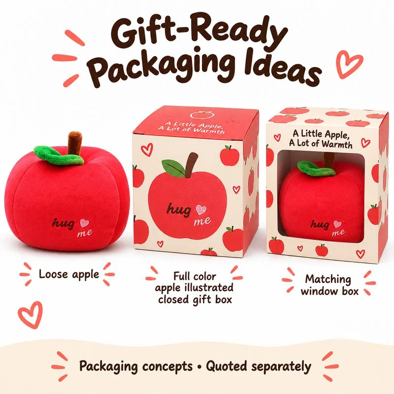 Red Apple Hug Me Plush — optional packaging concept; final artwork, fit and quotation require confirmation.