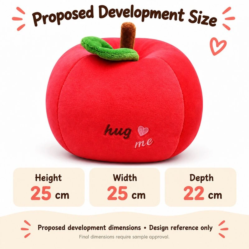 Red Apple Hug Me Plush — proposed size reference; dimensions require sample confirmation.
