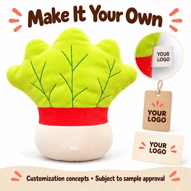 Customization concept for red band green cabbage plush; feasibility and sample approval required.