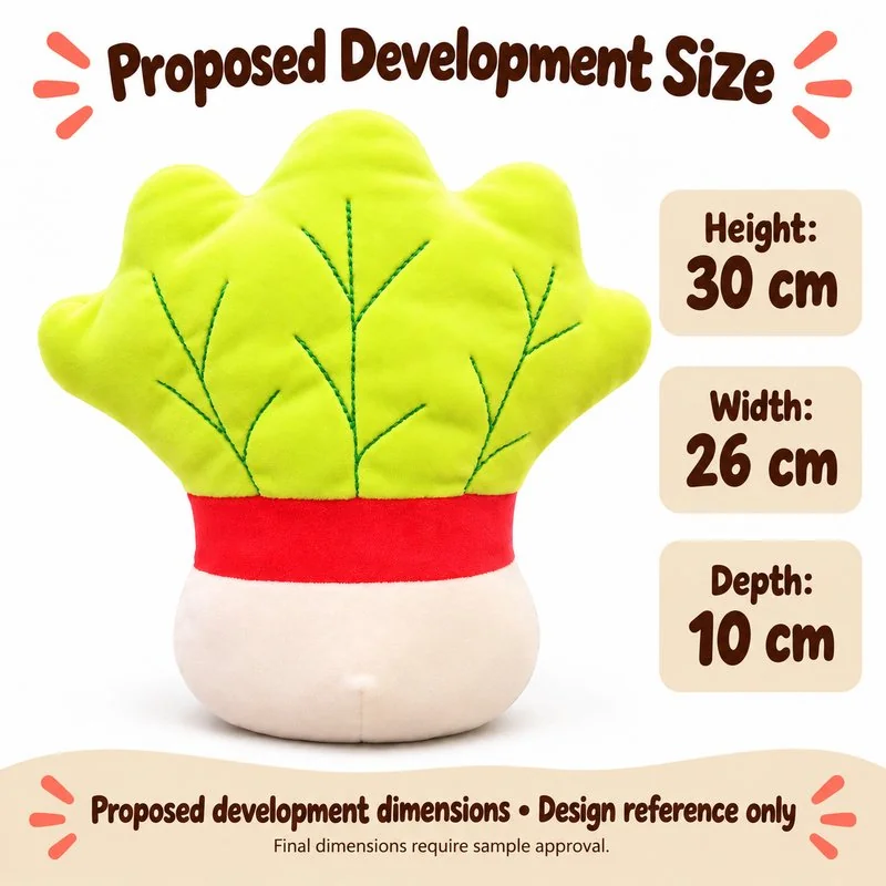 Red Band Green Cabbage Plush — proposed size reference; dimensions require sample confirmation.