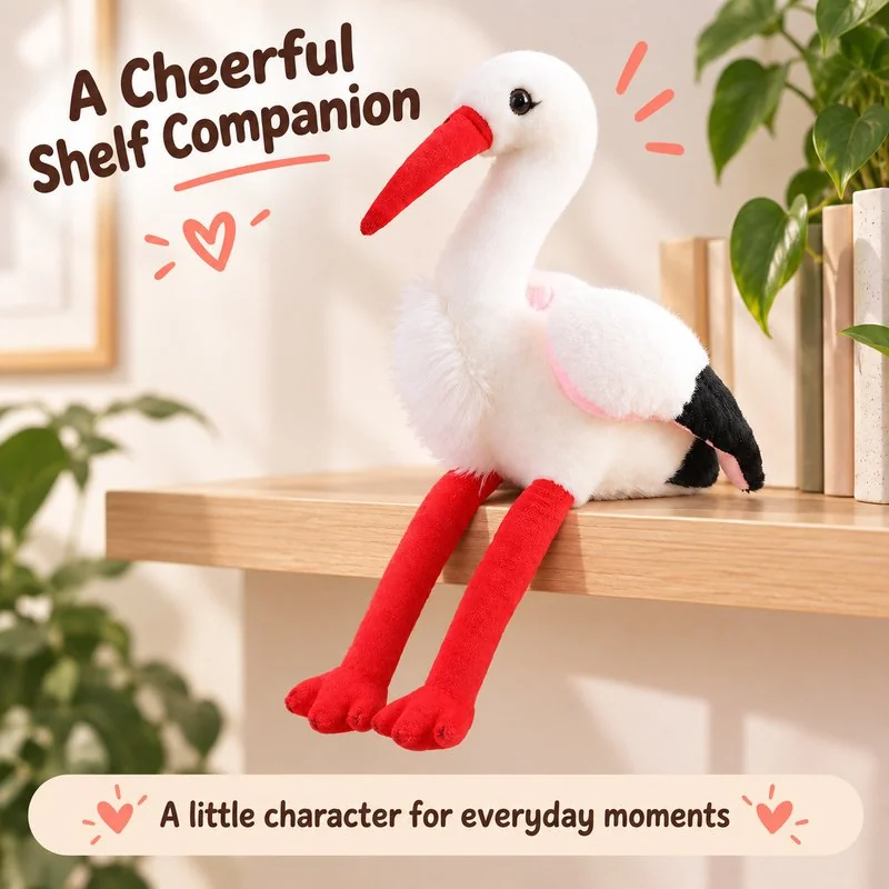 Illustrative application scene featuring red bill white stork plush toy; setting is a concept.