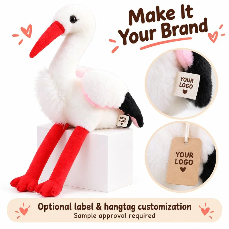 Customization concept for red bill white stork plush toy; feasibility and sample approval required.