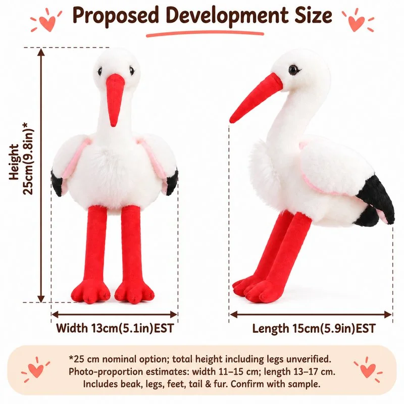Red Bill White Stork Plush Toy — proposed size reference; dimensions require sample confirmation.