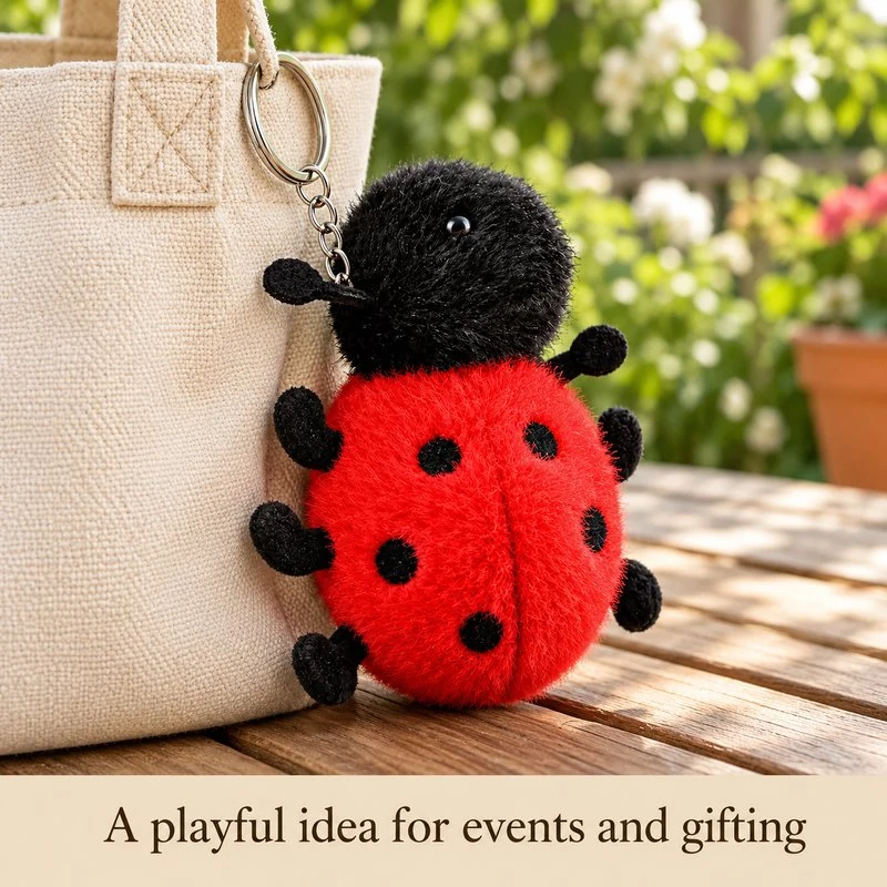 Illustrative application scene featuring red black ladybug plush bag charm; setting is a concept.