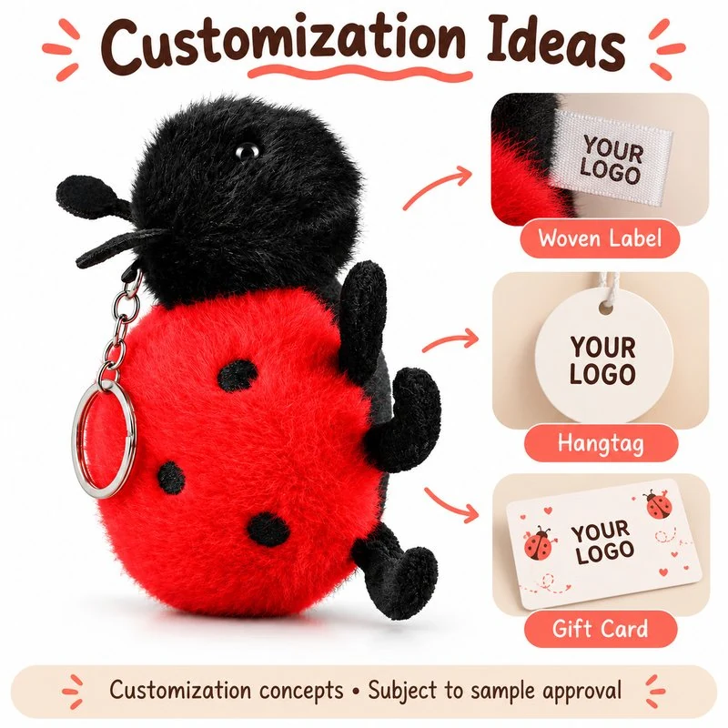 Customization concept for red black ladybug plush bag charm; feasibility and sample approval required.