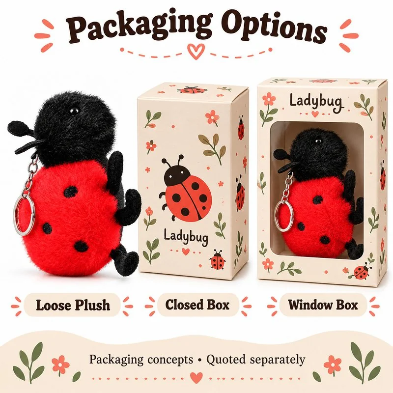 Red Black Ladybug Plush Bag Charm — optional packaging concept; final artwork, fit and quotation require confirmation.