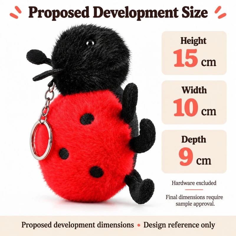 Red Black Ladybug Plush Bag Charm — proposed size reference; dimensions require sample confirmation.