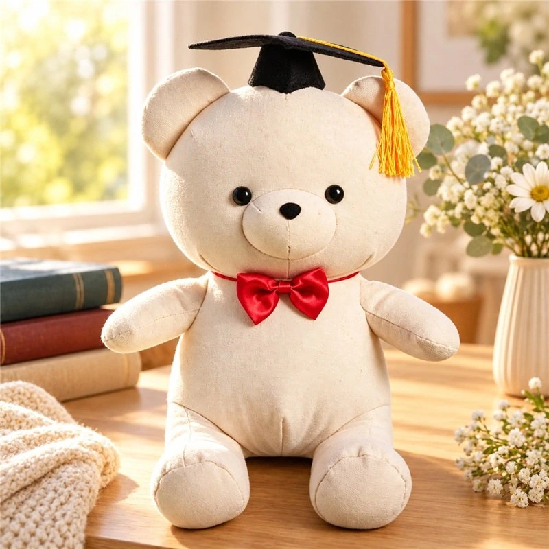 Illustrative application scene featuring red bow graduation bear plush; setting is a concept.