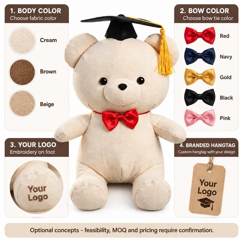 Customization concept for red bow graduation bear plush; feasibility and sample approval required.